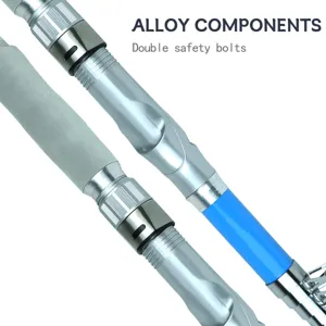 Telescopic fishing rod alloy components detail view, showing double safety bolts mechanism clearly.