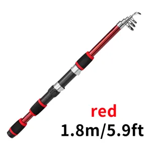 Telescopic fishing rod detail view, red and black fiberglass design with comfortable grip for kids.