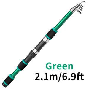 Telescopic fishing rod detail view, green and black carbon section with guide ring.