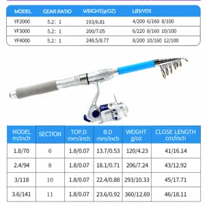 Telescopic fishing rod and spinning reel set, multiple sizes and models for sea casting.