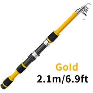 Telescopic fishing rod detail view, yellow and black color, 2.1m portable carbon travel pole.