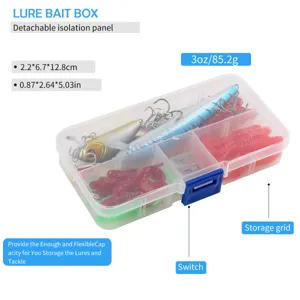Transparent plastic fishing tackle box detail with adjustable grids and removable panels.