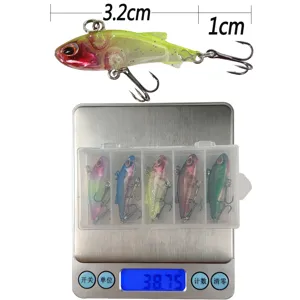 5-piece boxed sinking VIB micro fishing lure set, hard minnow bait details and weight display.