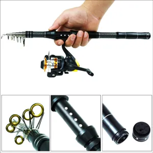 Detailed view of telescopic fishing rod guide rings and reel details, compact portable design.