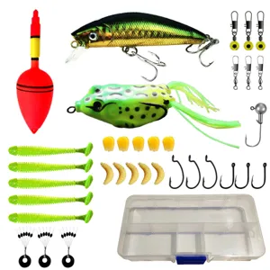 Comprehensive fishing tackle set with hard and soft lures, hooks, float, and portable storage box.