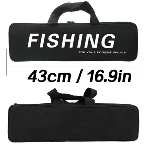 Portable black fishing rod case, durable storage bag with handles, compact travel size.