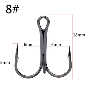 Treble fishing hook size 8 detail view showing dimensions 18mm height and 6mm gap width.
