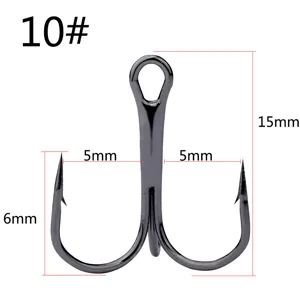 Detail view of 10# fishing treble hook with 15mm height and carbon steel barbed anchor design.