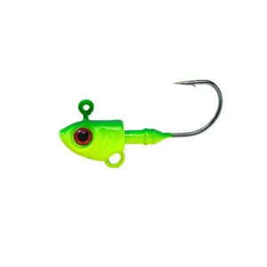 Detailed close up view of green yellow fish head jig hook for saltwater sea fishing gear