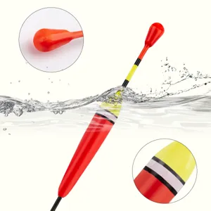 Vertical fishing float for outdoor angling with high visibility bright tip and water design
