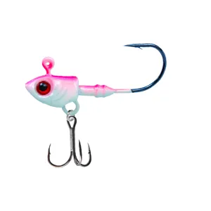 Fishing jig head lure with treble hook and bright eye for saltwater and freshwater angling.