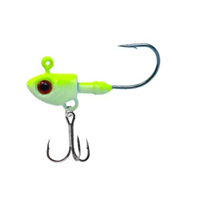 Detailed view of fluorescent green jig head fishing lure with red eye and treble hook.