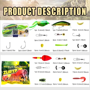 Fishing lure kit details showing various soft baits, hooks, sinkers and accessories with sizes.