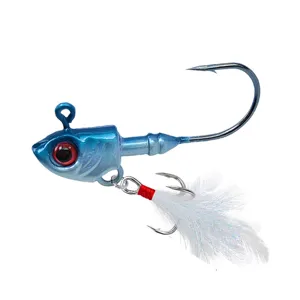 Saltwater fishing jig head lure with feathered treble hook, blue fish head design for casting.