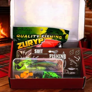 Christmas fishing gear gift box set with lures, baits, and tackle box for enthusiasts.