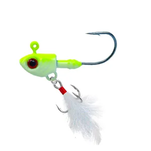 Fishing jig head lure detail view with feathered hook, ideal for sea and freshwater casting.