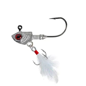 Detailed view of lead head fishing jig lure with white feather and treble hook for sea angling.