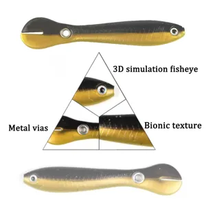 Detailed view of soft fishing lure featuring 3D fisheye, metal hole, and bionic texture.
