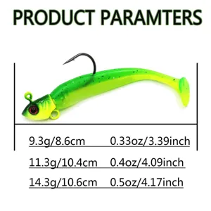 Detailed view of soft fishing lure with jig head, highlighting weight and size specs.