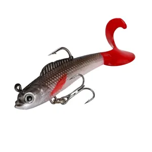 Detailaufnahme Weichfisch-Köder, realistisches T-Schwanz-Design mit Bleikopfhaken für Barsch.
