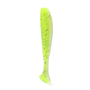 Detailed close-up of chartreuse T-tail soft fishing lure with glitter, ideal for bass fishing.