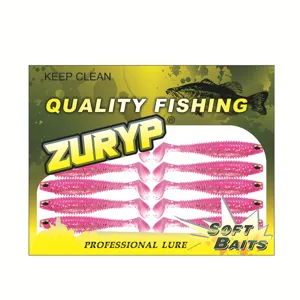 Pink T-tail soft fishing bait detail view, textured plastic lure for freshwater bass fishing.