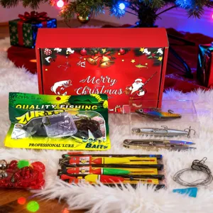 Christmas fishing tackle gift box detail, complete lures baits floats and fishing tools set.