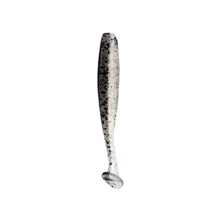 Detailed view of the T-tail soft fishing lure with black speckles, perfect for bass and predators.
