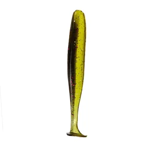 Close-up detail of the olive green T-tail soft fishing lure with glitter, ideal for jig head rigging.