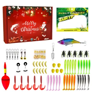 Christmas fishing lure kit detail showing colorful soft baits, hard lures, hooks, and festive box.
