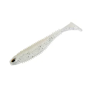 Transparent soft fishing lure with T-tail and glitter, realistic design for bass fishing.