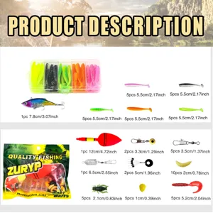 Fishing lure set detail showing soft baits hard baits hooks floats and accessories features.
