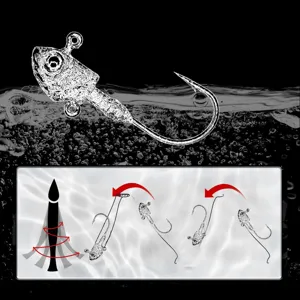 Detailed close-up of the fish head jig and soft bait action in water for fishing lovers.