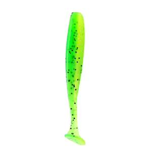 Neon green T-tail soft fishing bait with glitter flakes, designed for realistic swimming action.