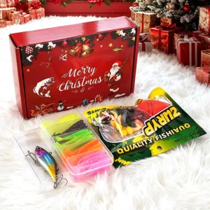 Christmas fishing lure set gift box with assorted soft baits and hard baits for anglers.