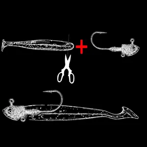 Assembly guide detail showing how to rig a T-tail soft bait with a jig head hook.