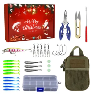 Detailed view of Christmas fishing tackle set accessories, including lures, tools and storage.