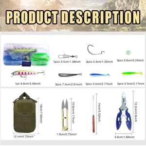 Fishing tackle set with storage box, lures, hooks, tools and tactical pouch for anglers.