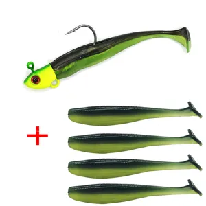 Detailed view of jig head fishing soft lure with T-tail swimbait bodies, green and black.
