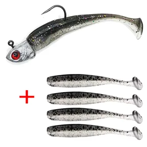 Detailed view of fishing soft lure set with jig head and T-tail baits for long distance casting.