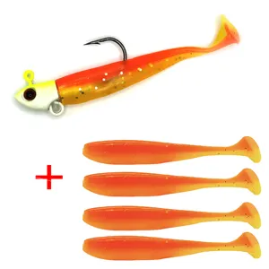 Fishing soft lure set with jig head hook and spare T-tail baits for bass and saltwater fishing
