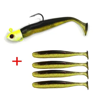 Soft plastic fishing lure set with jig head and T-tail soft baits for bass fishing.