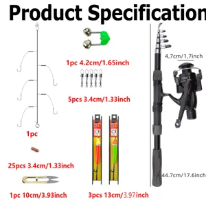 Specificatieoverzicht van de visset met spinmolen, telescoophengsel en diverse accessoires.