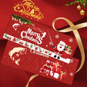 Christmas fishing rod set detail presentation card featuring festive Santa Claus graphics.