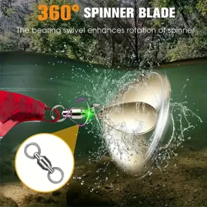 Detail des Metall-Angelspinners zeigt 360-Grad-Rotation und integriertes Wirbellager.