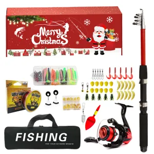 Detailed view of the Christmas fishing rod set with tackle, box, and accessories.