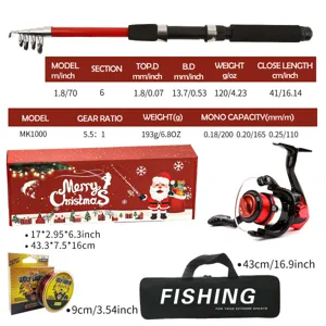 Christmas fishing rod and reel set with portable fishing bag, tackle box and line for fishing.