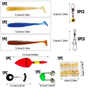 Detalles del juego de accesorios de pesca con señuelos blandos, anzuelos, boyas y esmerillones.