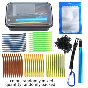 Portable bass fishing soft lure kit with noodle worms, rubber rings and threading tool for fishing.