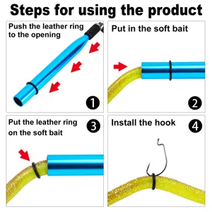 Wacky rig tool and soft bait setup step by step detail view showing fishing accessory usage.